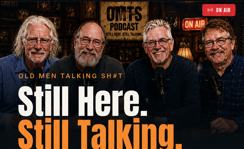 The four hosts of OMTS Podcast behind their microphones in the studio