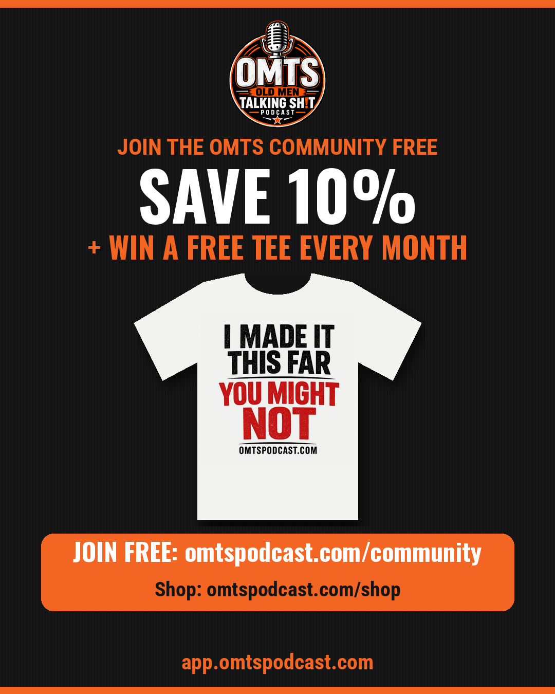 Join the OMTS community free, save 10%, and win a free tee every month